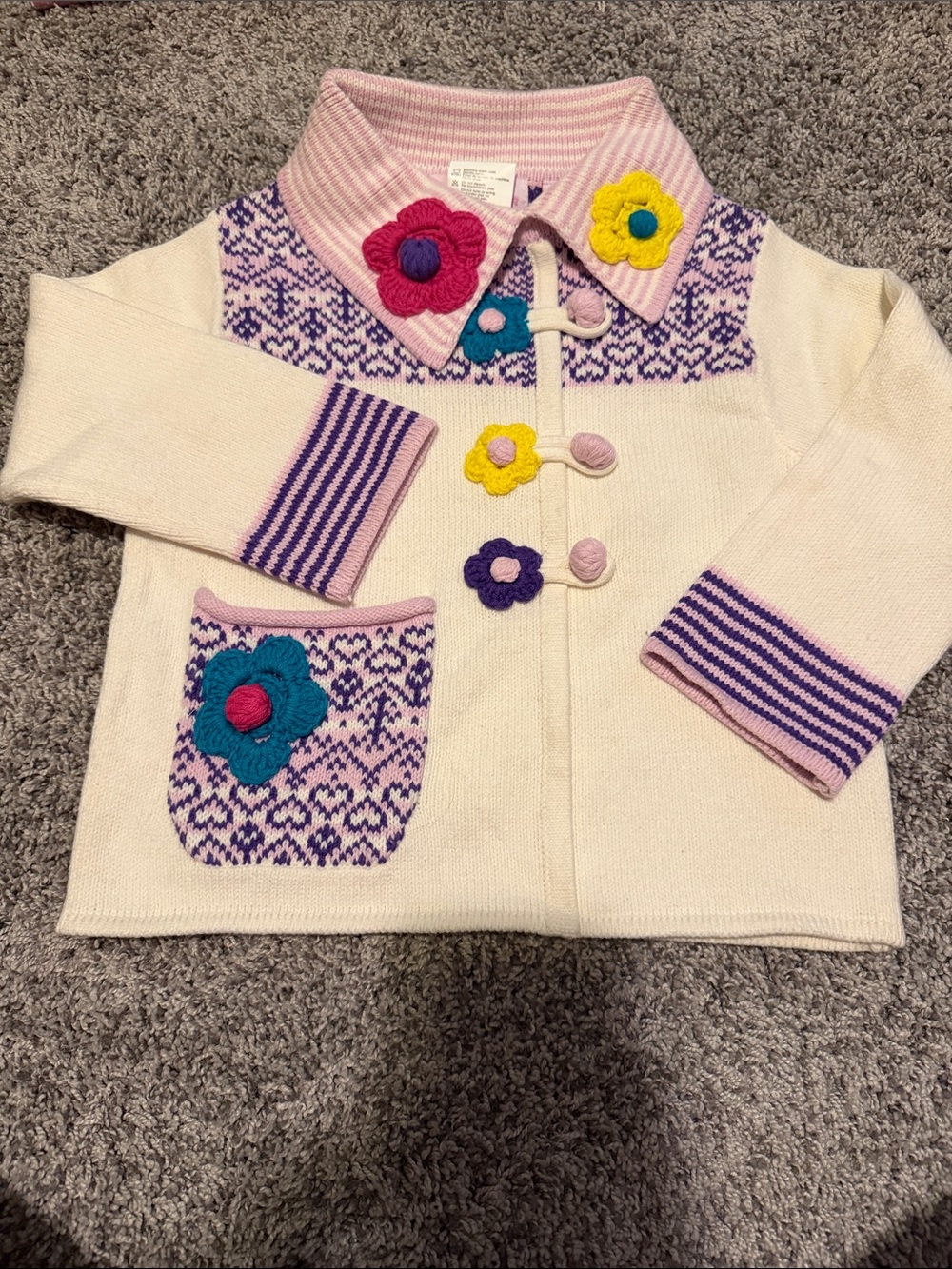 Obermeyer Cream Knit Cardigan with Pink Collar and Multicolor Flower Appliqués
